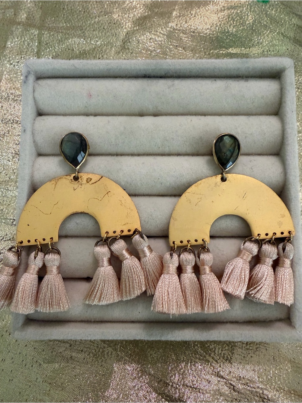 Gold Half-Moon Tassel Drop Earrings with Pink Tassels